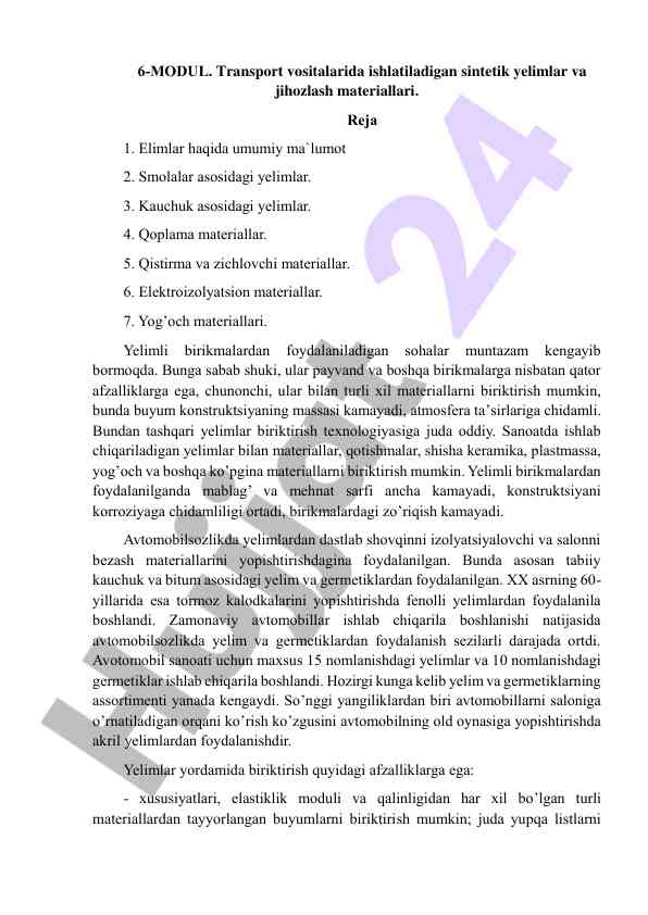 Transport vositalarida sintetik yelimlar tahlili
