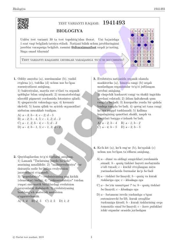 Biologiya test variantini o‘zlashtirish uçun yetakchi tavsiyalar