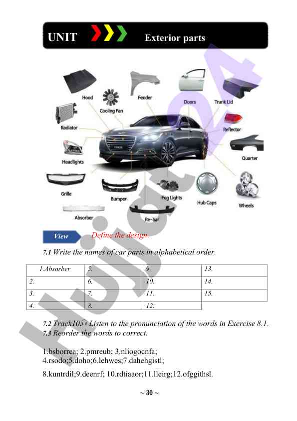 Car parts identification and vocabulary exercise