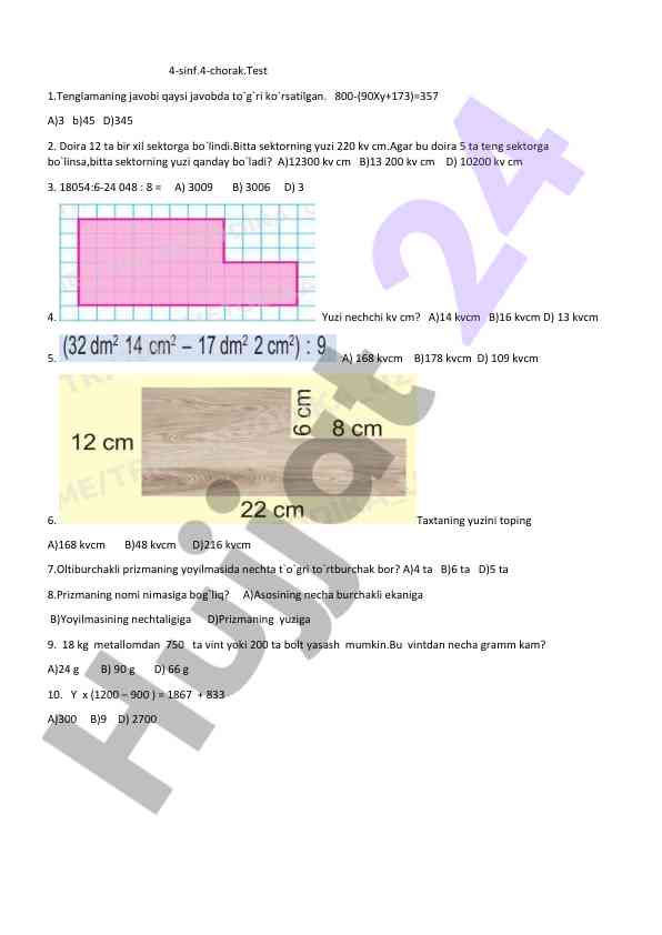 4-sinf 4-chorak matematika testi savollari