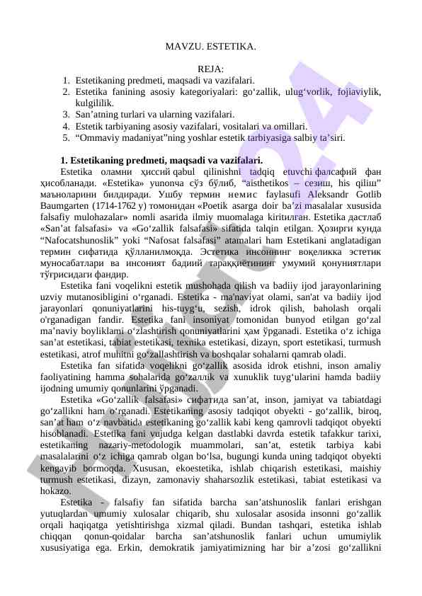 Estetika fanining asosiy kategoriyalari va vazifalari