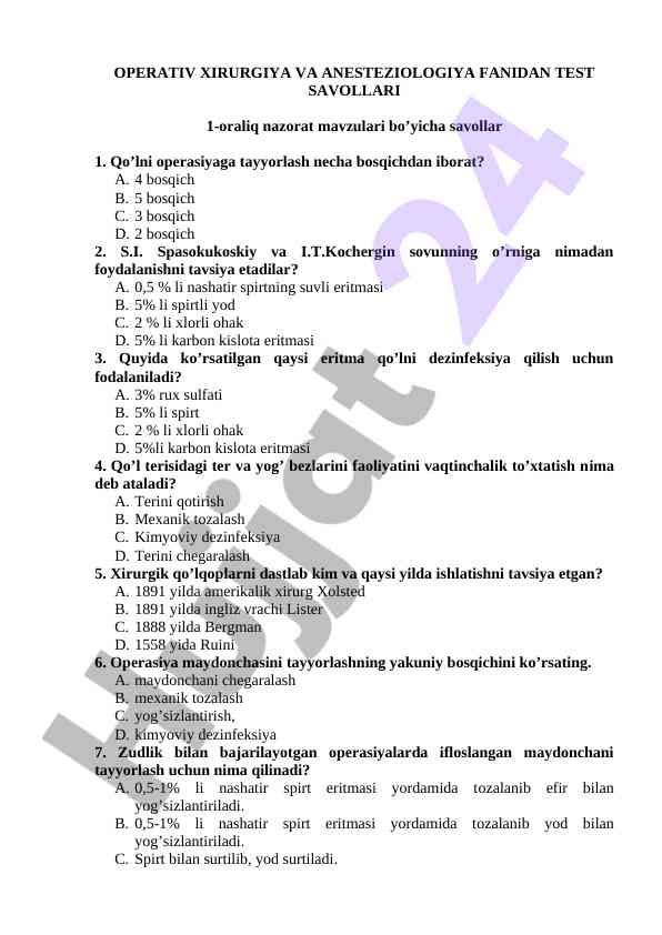Operativ xirurgiya va anesteziologiya test savollari