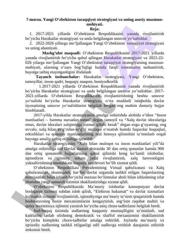 Yangi o‘zbekiston taraqqiyot strategiyasi asosiy mazmuni