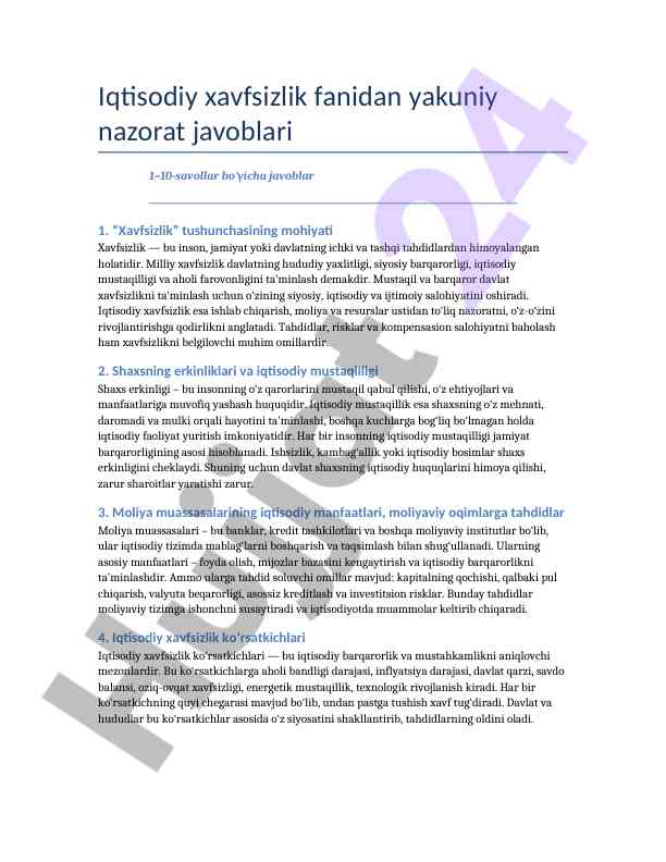 Iqtisodiy xavfsizlik fanidan yakuniy nazorat javoblari