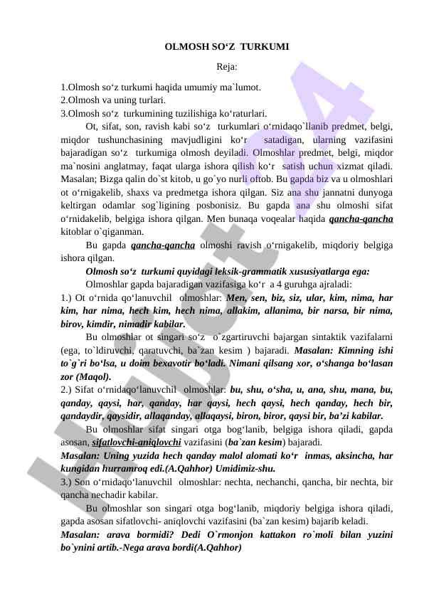 Olmosh so‘z turkumi va uning turlari