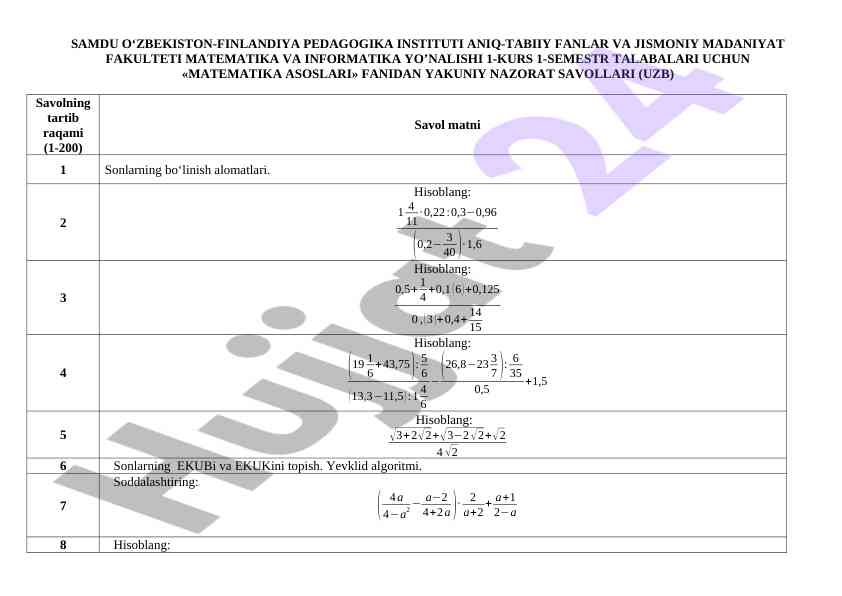 Matematika asoslari fanidan yakuniy nazorat savollari