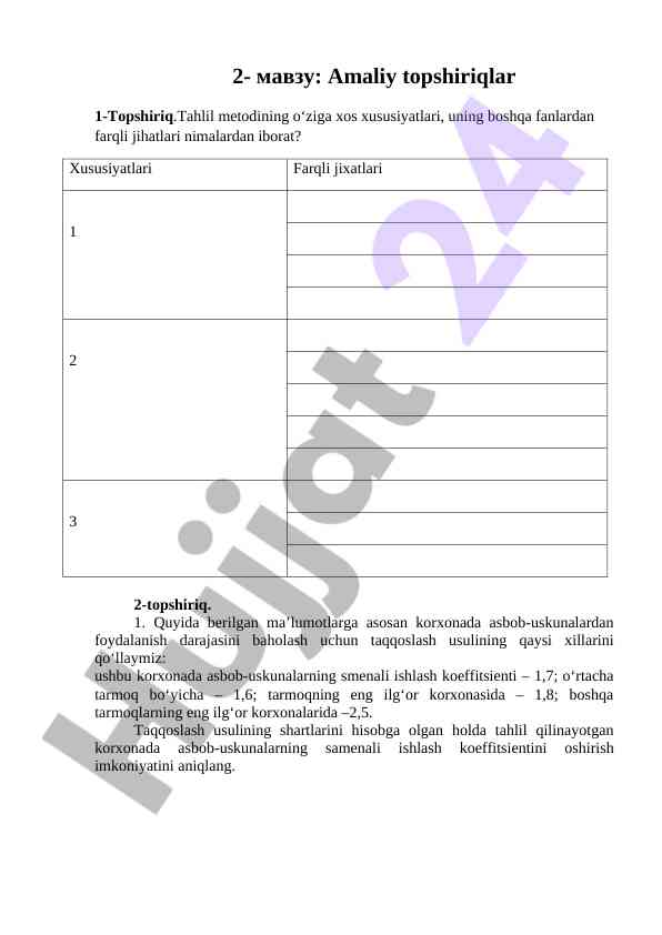 Amaliy topshiriqlar: tahlil metodi va taqqoslash usullari