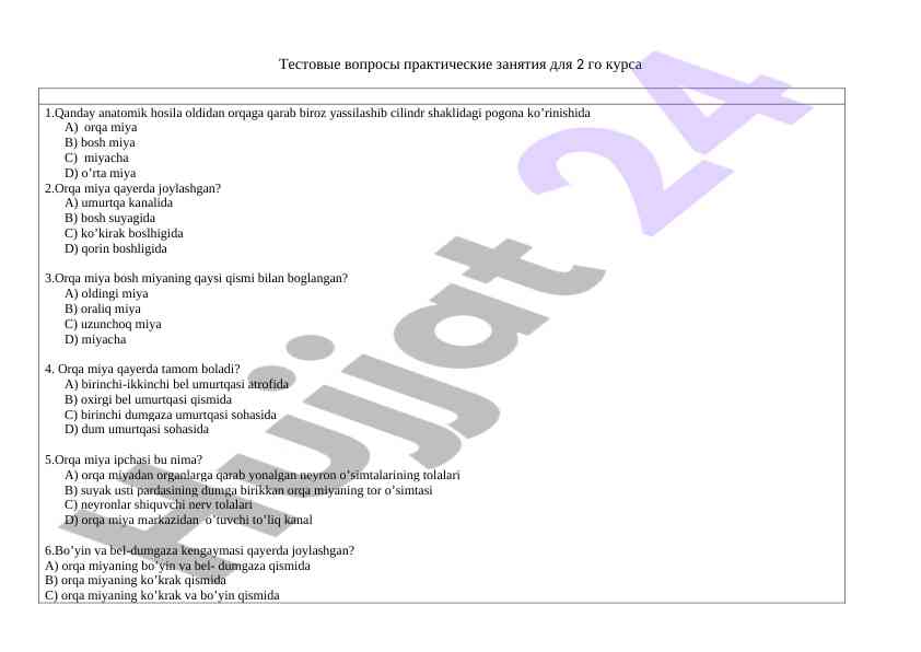 Tibbiyot yo'nalishidagi test savollari