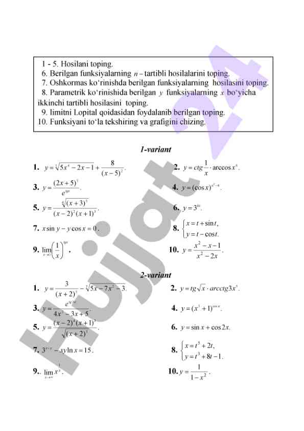 Matematik funksiyalarni hosilalash nishlarini o'rganish