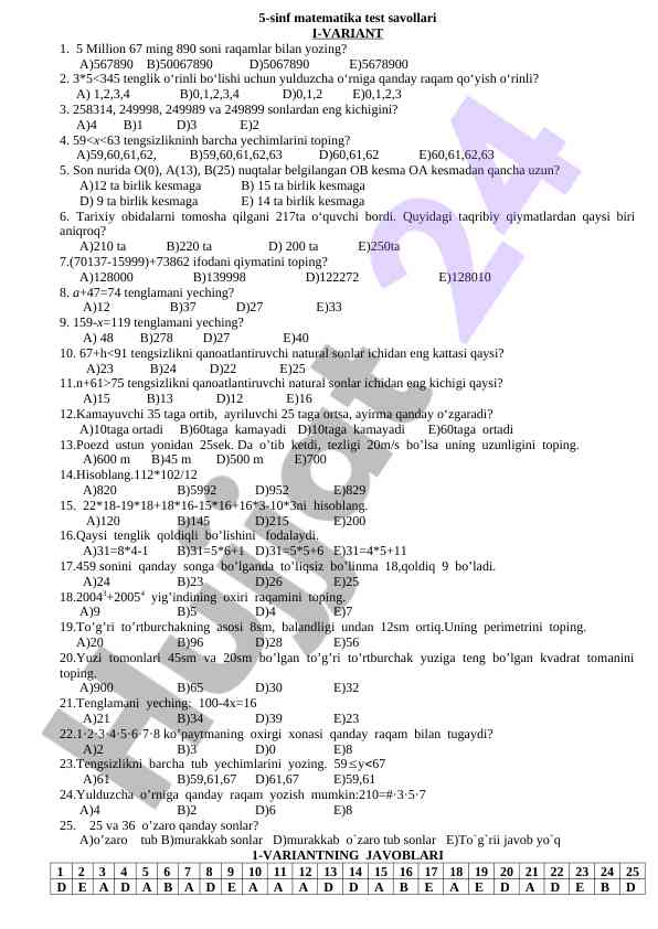 5-sinf matematika test savollari i-variant