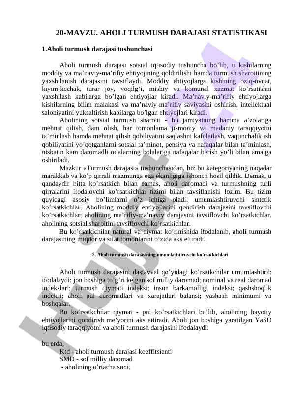 Aholi turmush darajasi statistikasi tahlili