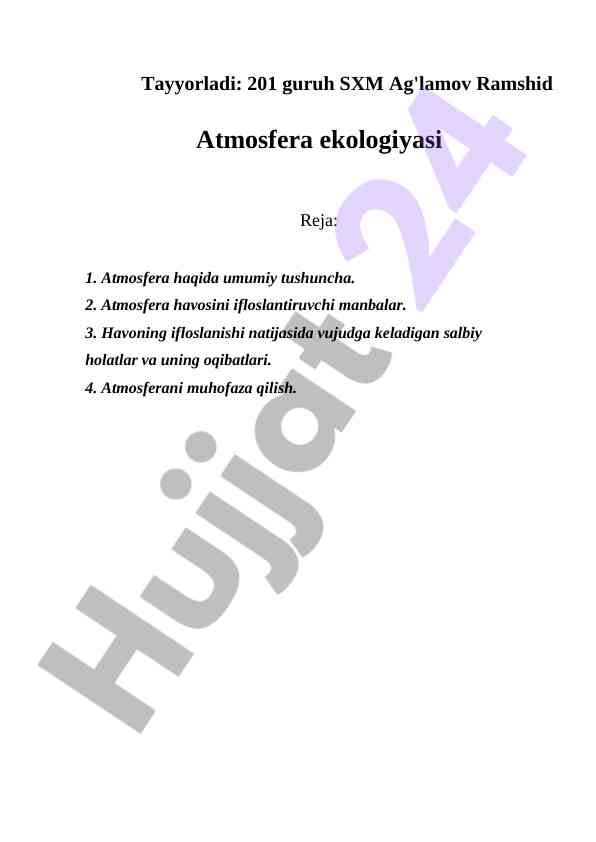 Atmosfera ekologiyasi va ifloslanish manbalari