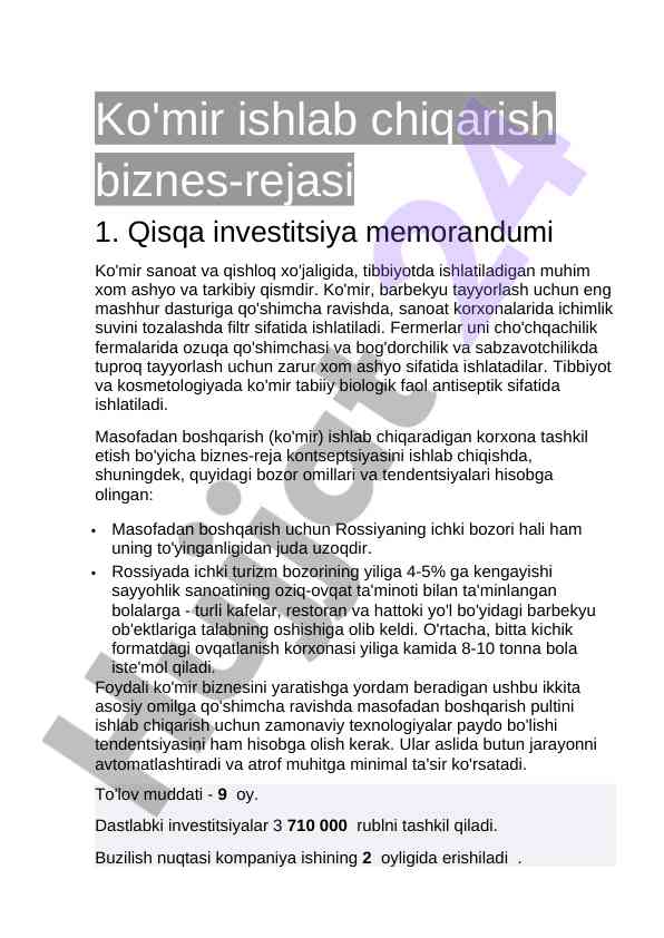 Ko'mir ishlab chiqarish biznes-rejasi and investment memo