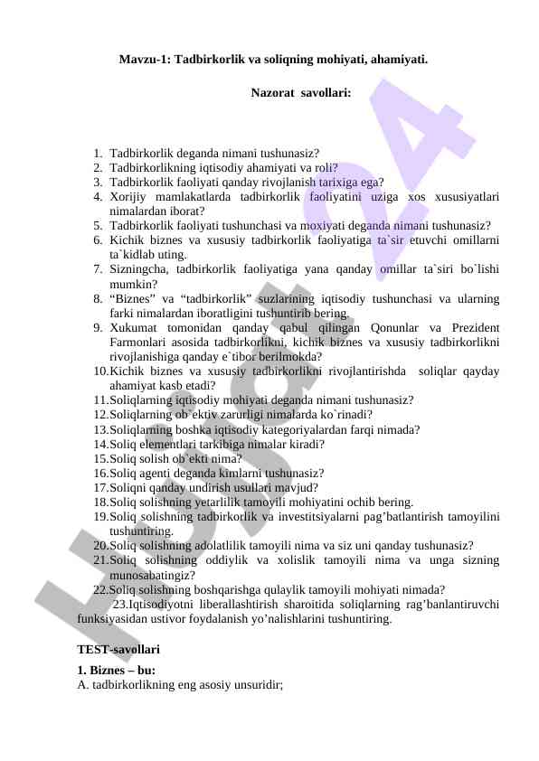 Tadbirkorlik va soliqning mohiyati ahamiyati