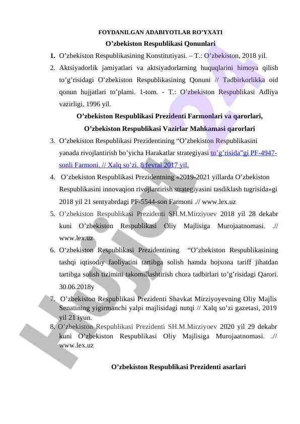Foydalanilgan adabiyotlar ro'yxati o'zbekistan qonunlari