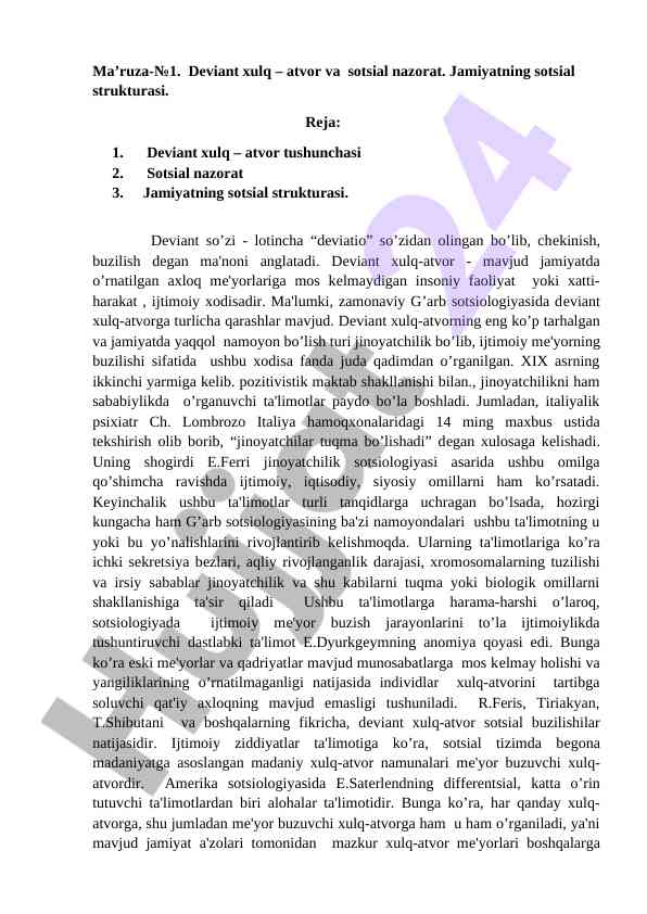 Deviant xulq va sotsial nazorat ma'ruzasi