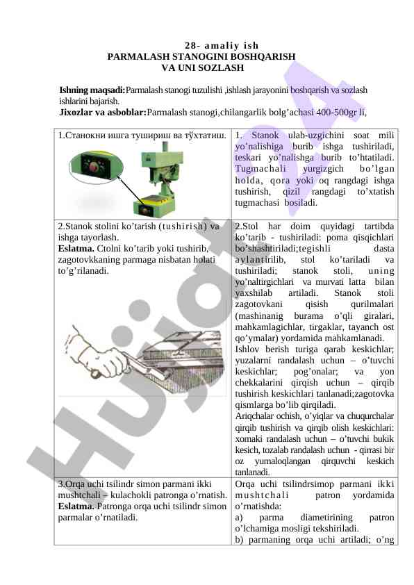 Parmalash stanogini boshqarish va sozlash usullari