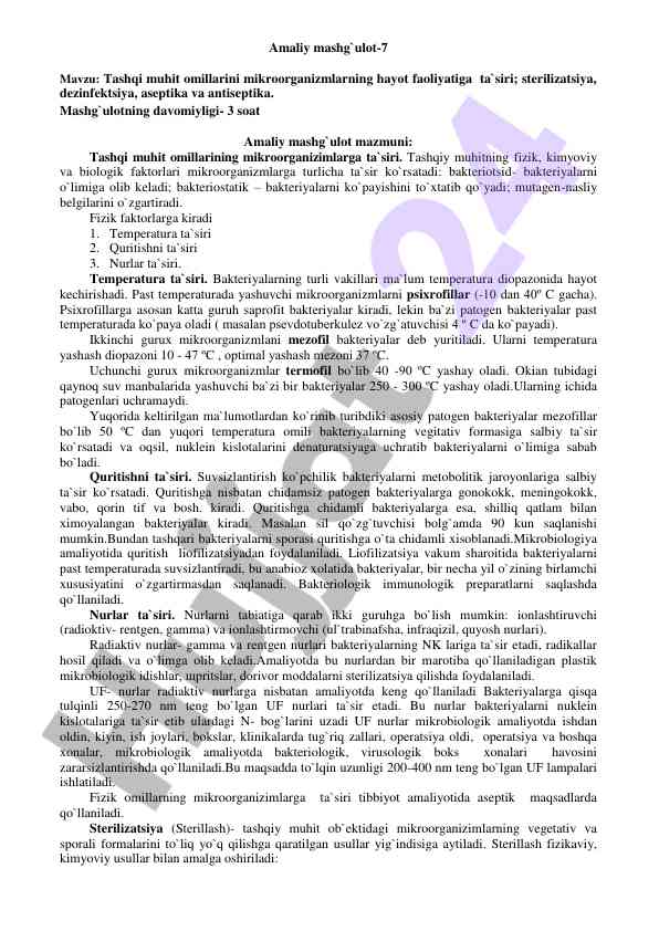 Mikroorganizmlar va ularning tashqi muhit faktorlari