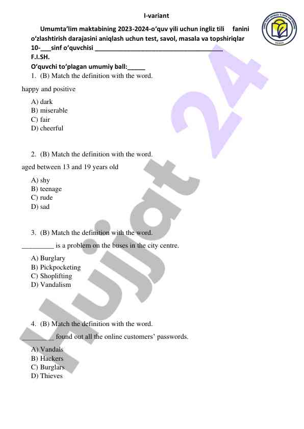 Ingliz tili fanidan test savollari va masalalari