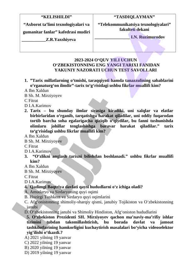 Eng yangi tarixi fanidan yakuniy nazorat test savollari