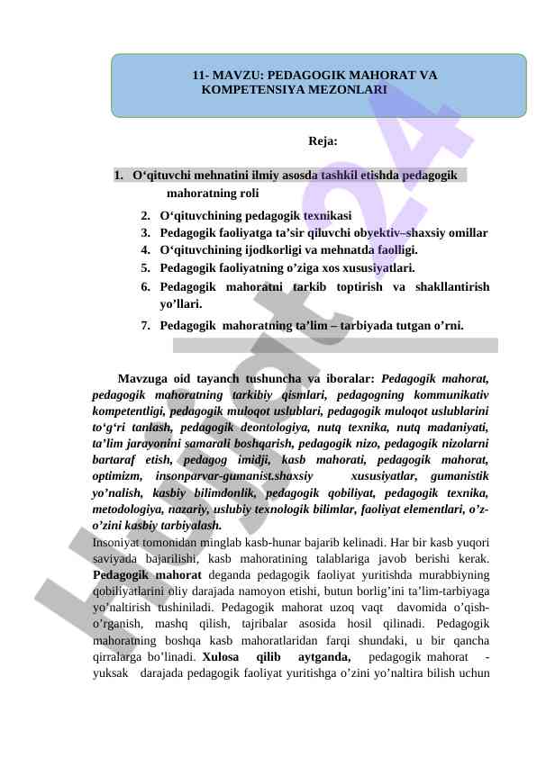 Pedagogik mahoratning taʼlimdagi roli va tashkil etişi