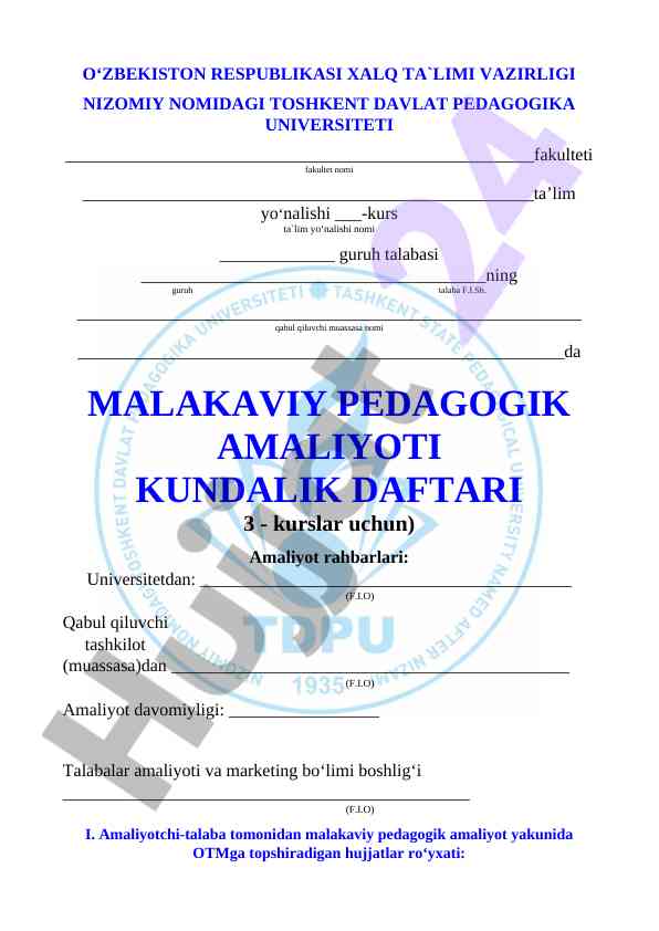 Malakaviy Pedagogik Amaliyot Kundalik Daftari