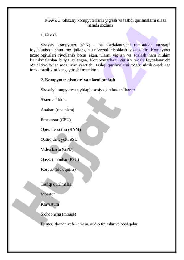 Shaxsiy kompyuterlarni yigʻish va tashqi qurilmalar