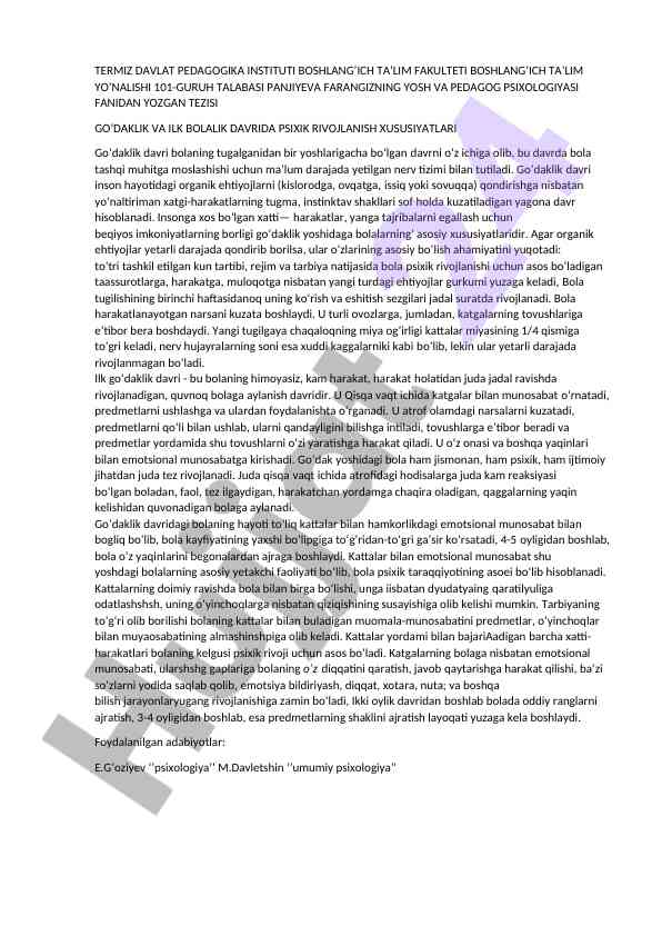 Godaklik davridagi psixik rivojlanish xususiyatlari