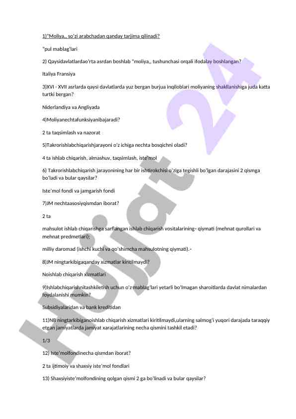 Moliyaga doir asosiy savollar va javoblar