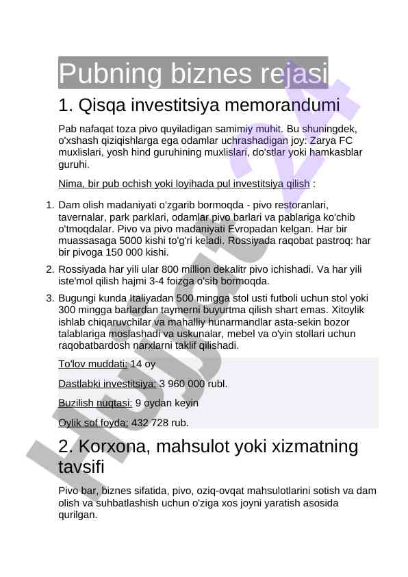 Pub biznes rejasi va investitsiya memorandumi