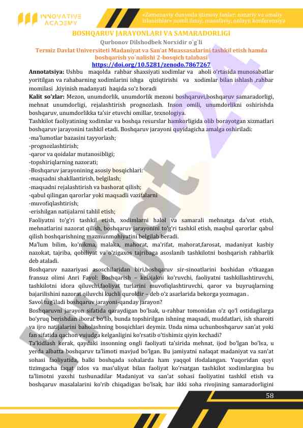 Boshqaruv jarayonlari va samaradorligi tahlili