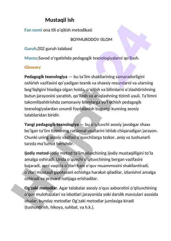 Pedagogik texnologiyalarni savod o’rgatishda qo’llash