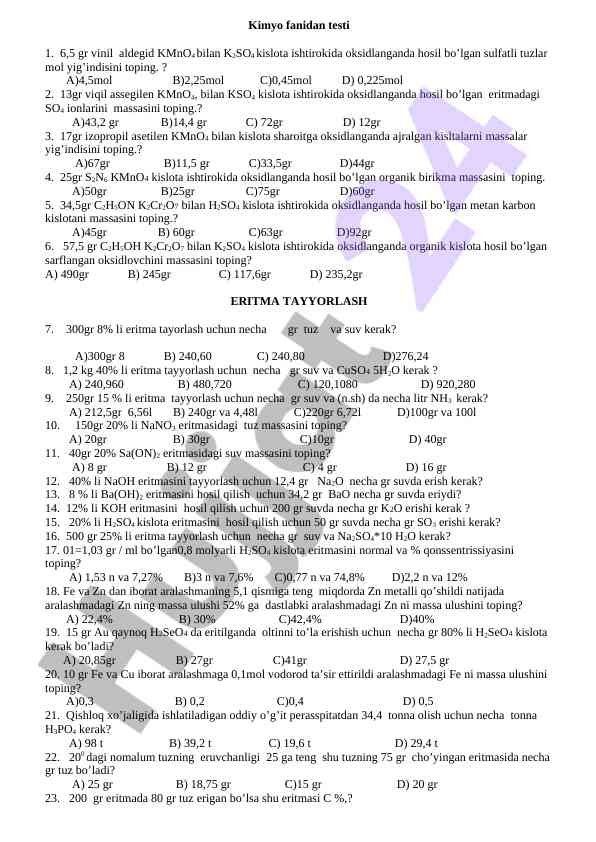 Kimyo fanidan test savollari va hisoblashlar