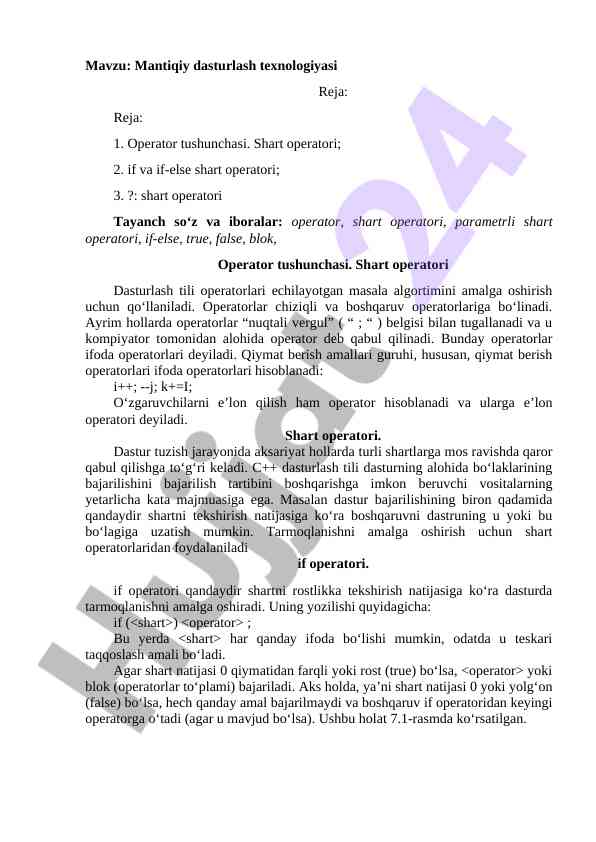 Mantiqiy dasturlash texnologiyalari va operatorlar