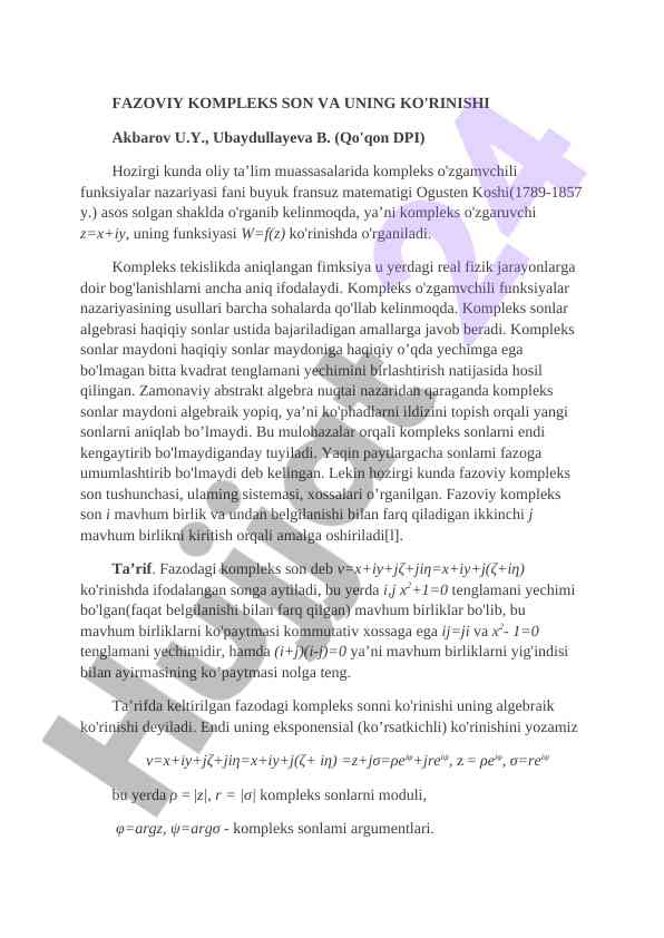 Kompleks o'zgaruvchi funksiyalar nazariyasi asoslari