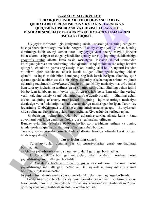 Turar-joy binolari tipologiyasi va tarixiy qoidalar