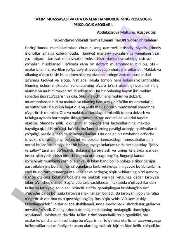 Ta’lim muassasasi va ota onalar hamkorligining asoslari