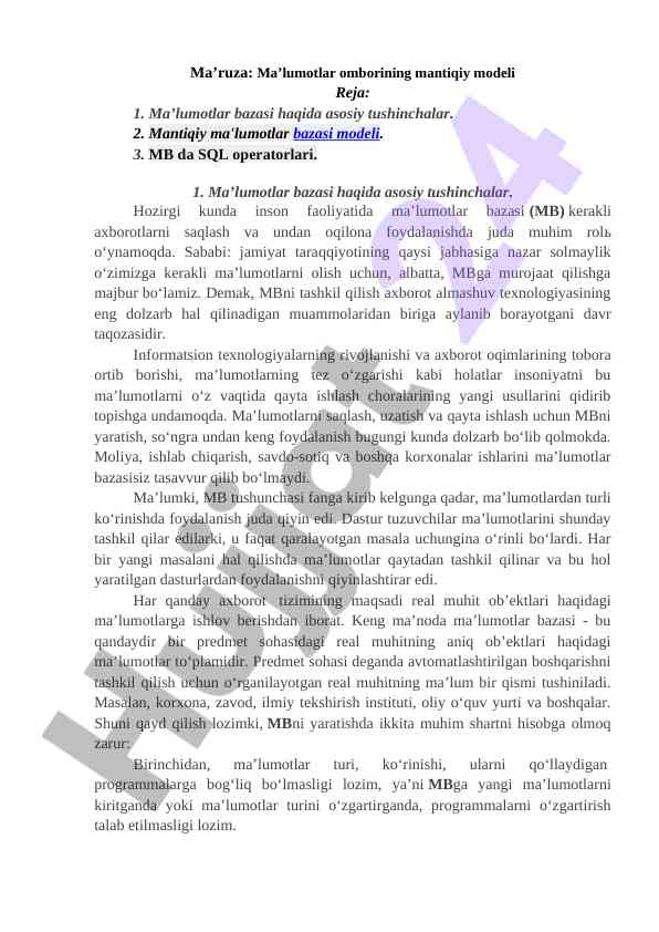 Ma'lumotlar omborining mantiqiy modeli tahlili