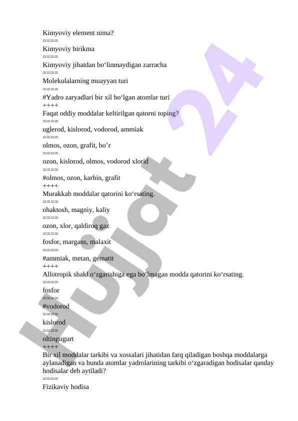 Kimyoviy elementlar haqida test savollari