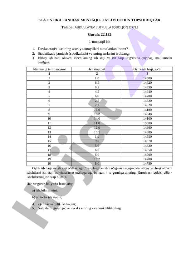 Statistika fanidan mustaqil ta'lim uchun topshiriqlar