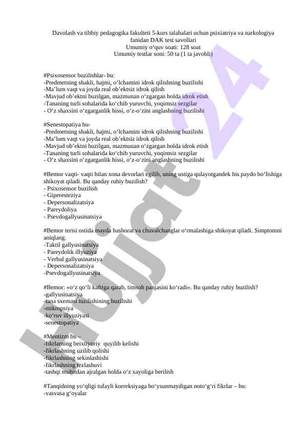 Psixiatriya va narkologiya fanidan dak test savollari