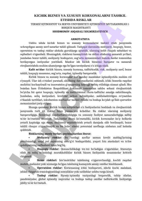 Kichik biznes va xususiy korxonalarni tashkil etish
