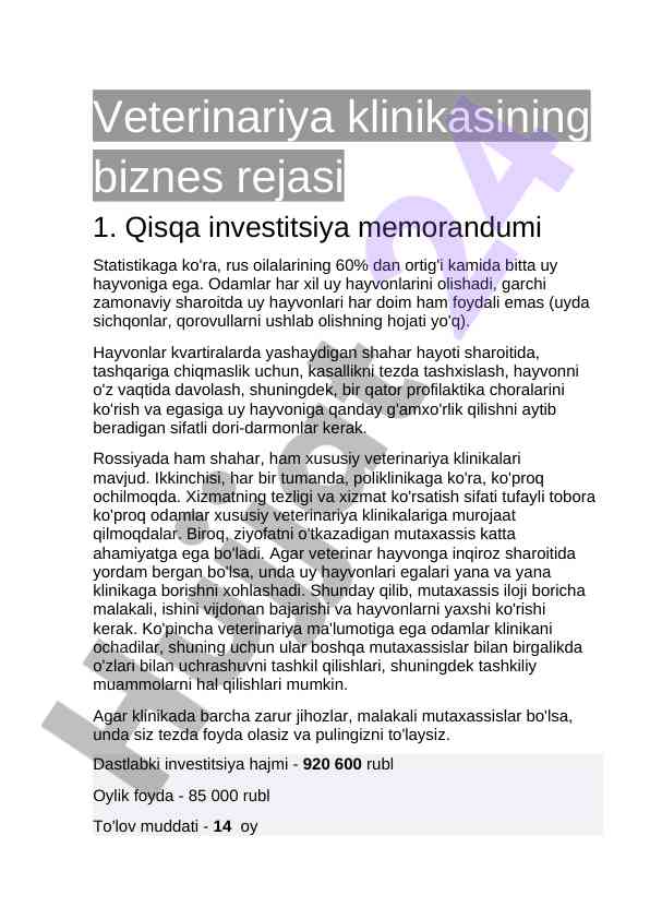 Veterinariya klinikasi biznes rejasi
