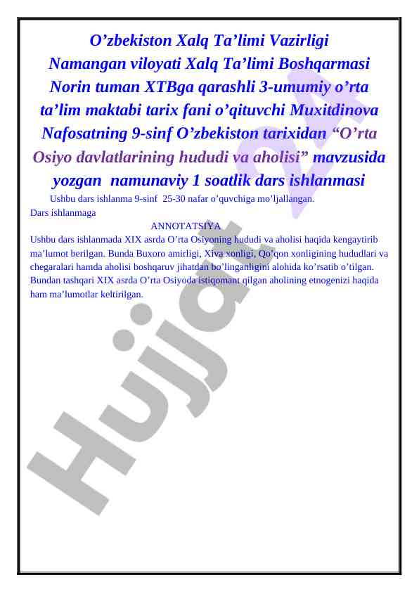 O’rta osiyo davlatlarining hududi va aholisi dars ishlanmasi