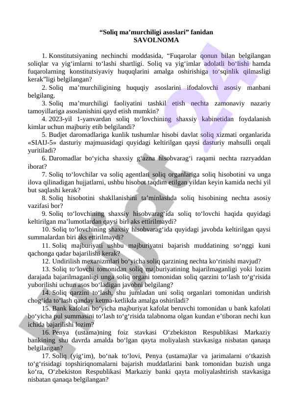 Soliq ma’murchiligi asoslari fanidan savolnoma