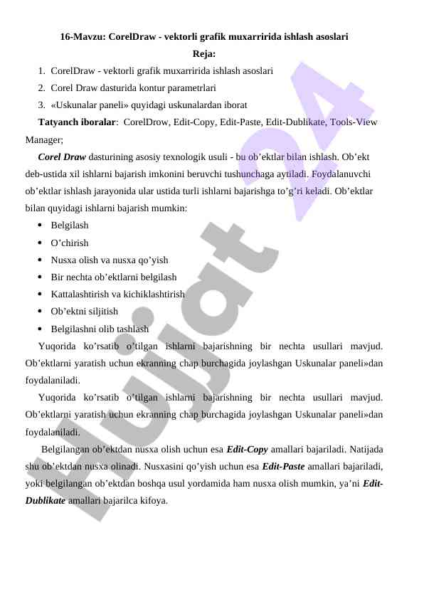 Coreldraw vektorli grafik muxarririda ishlash asoslari