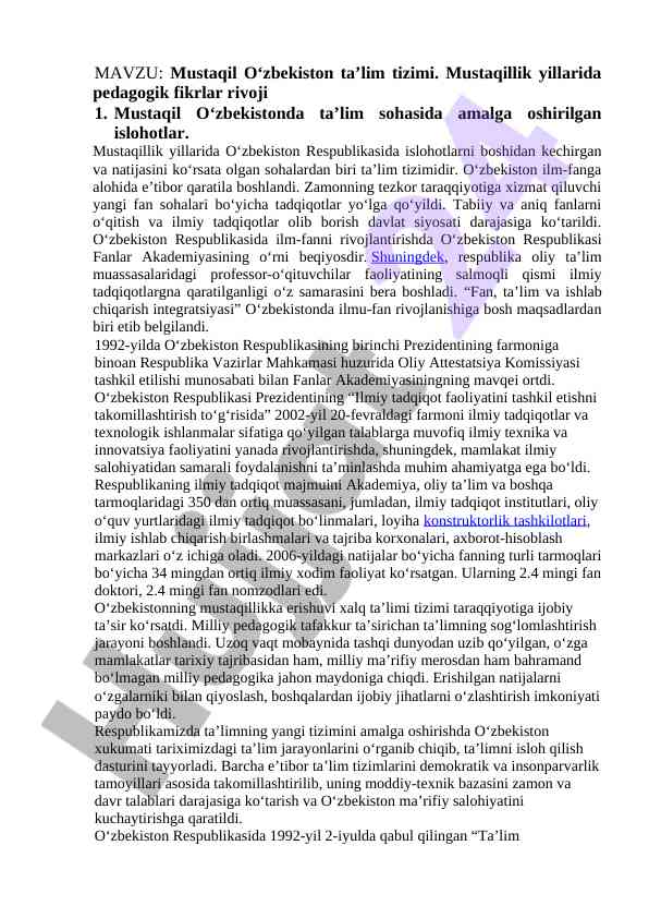 Mustaqil o‘zbekiston ta’lim tizimi rivoji