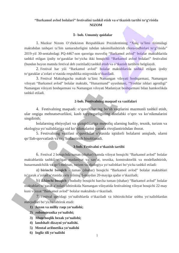 Barkamol avlod bolalari festivalini tashkil etish tartibi