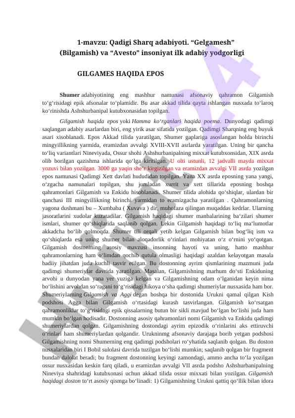 Qadimgi sharq adabiyoti: gelgamesh eposi