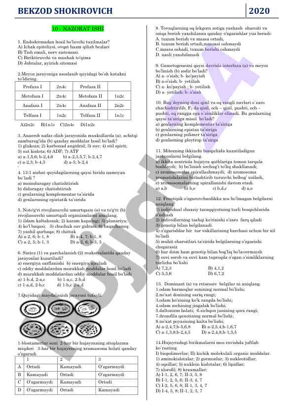 Nazorat isishi bilan bogliq savollar